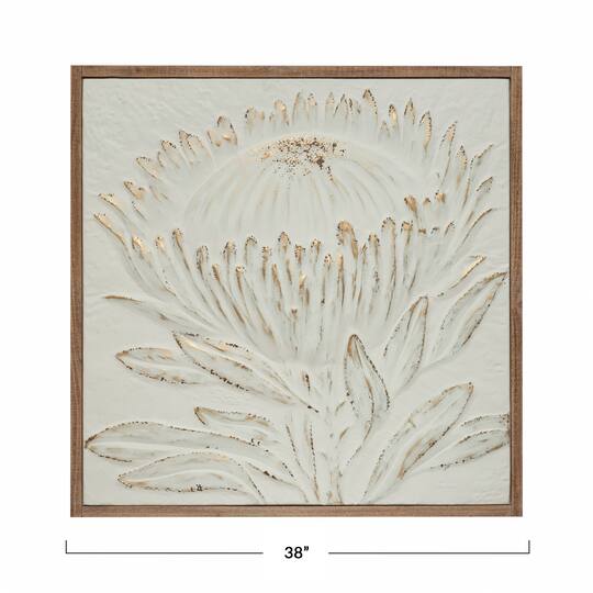 Hello Honey® 38" Antique White and Gold Wood Framed Metal Wall Décor with Embossed Protea